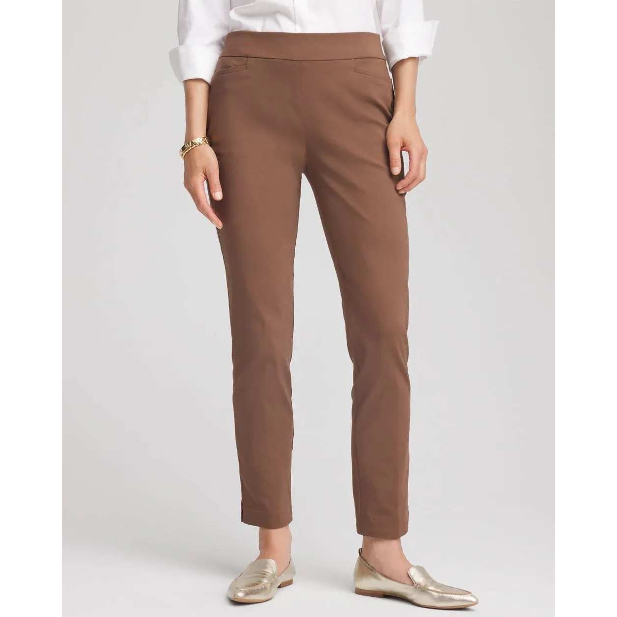 Chicos Brigitte Pull On Slim Leg Pants Brown Ankle Trousers 00r Us 2r